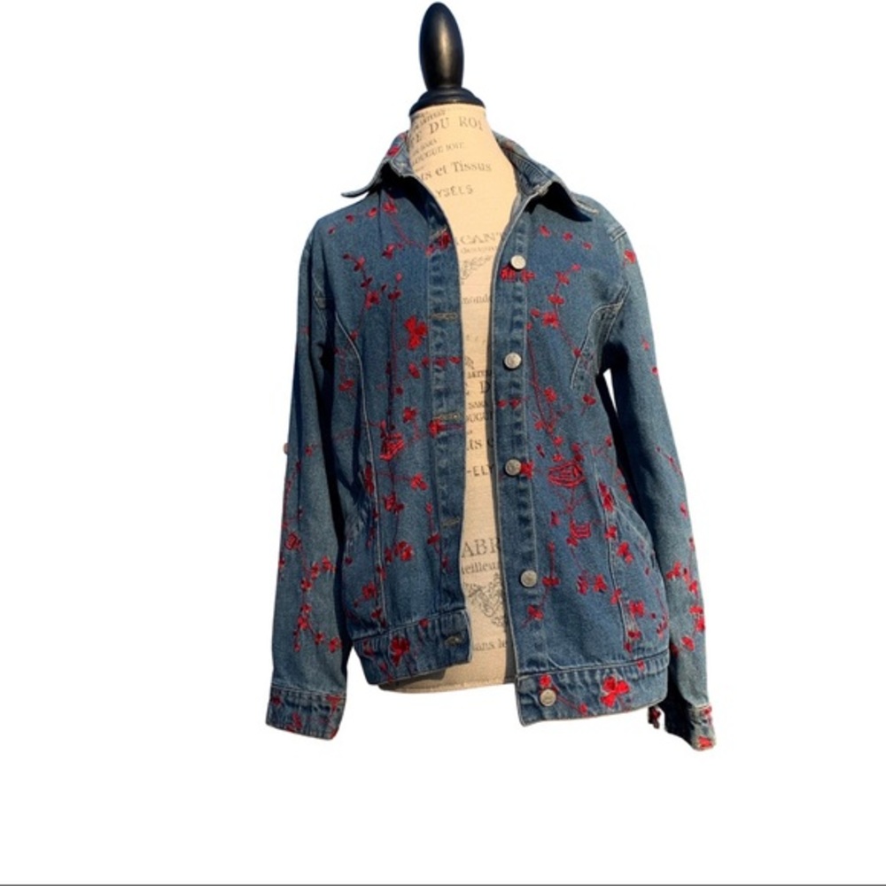 Denim Jacket With Scarlet Floral Accents